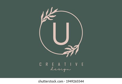 Logo de la letra U con marco de círculo y diseño de hojas pastel. Ilustración vectorial redondeada con letra U y hoja pastel para belleza, moda, joyería, lujo, productos naturales o servicios ecológicos.