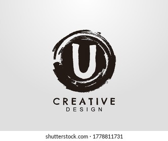 Letter U Logo With Circle Grunge Splatter Element. Retro logo design template.
