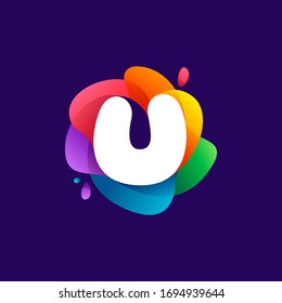 Letter U logo at colorful multicolor gradient splash. Perfect font for media labels, nightlife print, cartoon posters etc.