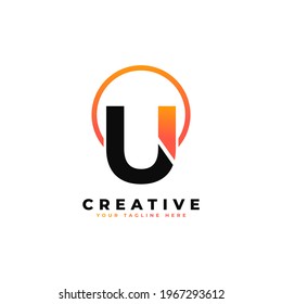 Letter U Logo Design with Black Orange Color and Circle. Cool Modern Icon Letters Logo Vector.