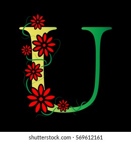 Letter U Logo Design Concept with Red Flowers Isolated on Black Background