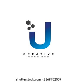 Letter U logo design with elegant and luxurious style. Blue Geometric Shape with Hexagon Pixel Points. suitable for Business Logo, Technology, company. Logo Template Elements. initial U letter logo.