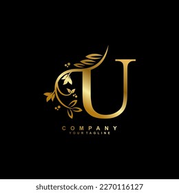 letter U logo design with flowers, leaves and golden feathers in a beautiful and elegant style. monogram U. typography U. initial U logo. suitable for, business, wedding, boutique, company, hotel, etc