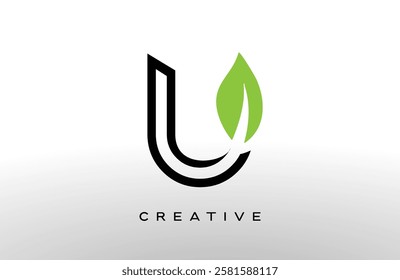 Letter U logo design with green leaf made of black lines vector Illustration