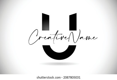 Diseño del logotipo de la letra U con nombre manuscrito y colores negros. Letra creativa U Vector de iconos para marca de logotipos personales