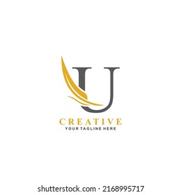 diseño del logo de la letra U con lujosos y hermosos adornos de plumas. Monogramas. tipografía. logo de plumas. letra inicial logotipo U. adecuado para empresas, negocios, hotel, boutique, boda, etc.