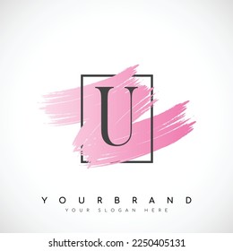 Letter U Logo Design With Pink Brush in Black Frame. Vector Illustration