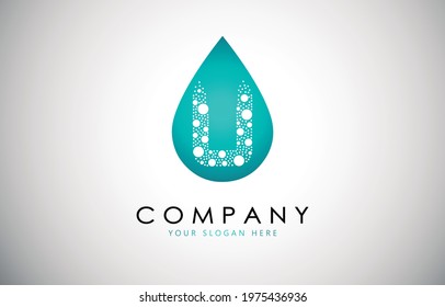 Letter U Logo with Dispersion Effect and Dots in water drop graphic design.