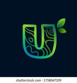 Letter U logo with eco waves pattern. Perfect vector green icon for landscape design, natural print and cartography labels, etc.