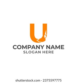 Letter U logo with excavator arm. U excavator logo template, hydraulic logo initials