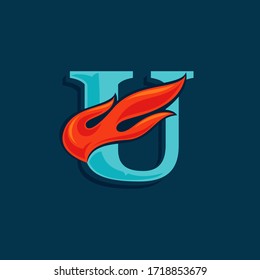 Letter U logo with fast speed fire. Vintage serif font with line shadow. Vector icon perfect for sportswear labels, race posters, victory identity, etc.