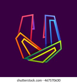 Letter U logo formed by colorful neon lines. Multicolored vector design for presentation, web page, app icon, card, labels or posters.