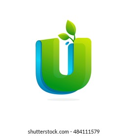 Letter U logo formed by ribbon with leaves and drops. Font style, vector elements for posters, t-shirts and cards.
