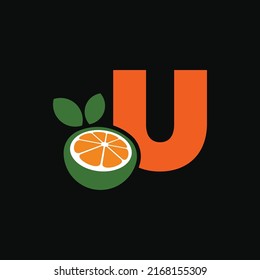 Letter U logo and fresh citrus fruit in modern style. With dark background