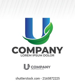 Logotipo de letra U con ilustración de hoja verde, deja el vector de icono aislado en fondo blanco