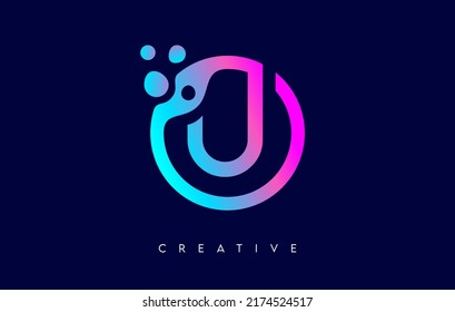 Letter U Logo Icon Design with Dots and Bubbles inside a Circular Shape in Purple Neon Colors Vector Illustration.