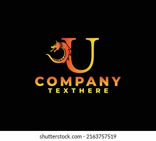 letter U logo icon with dragon design vector-fire color black background