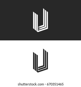 Letter U logo isometric geometric shape perspective monogram, hipster graphic initials UUU emblem mockup, black and white monogram decoration design element template.