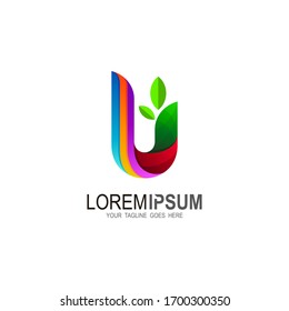 Combinación de diseño de letra u y hoja, iconos coloridos
