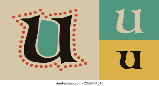 Letter U logo. Lindisfarne calligraphy in majuscule Celtic, Anglo-Saxon, Irish style with red dots pattern. Dim colored medieval initial. Vintage illuminated dropcap for brewery, heraldic monograms.