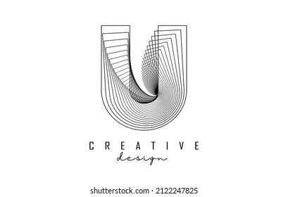 Logo de la letra U con líneas y efecto espiral. Ilustración vectorial con tipografía geométrica. Icono creativo con letra.