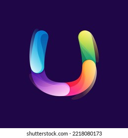 Logo de la letra U hecho de líneas coloridas superpuestas. Icono moderno de gradiente intenso arcoiris. Tipo de vectores de una línea para diseño de marca tecnológica, etiquetas de vida nocturna, afiches multimedia, identidad futurista, etc.