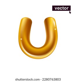 Letter U logo. Metallic golden ballon icon. Realistic 3D luxury design in fun style with glossy shine effects. Vector illustration for Black Friday, Christmas and New Year Sale, Birthday celebration.