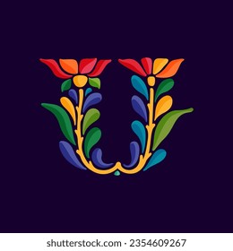 Letter U logo with Mexican colorful and ornate ethnic pattern. Traditional Aztec leaves and flowers embroidery ornament. Vector design template for folk Spanish food, holidays, carnival, and party.