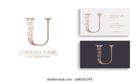 Buchstabe U Logo oder Monogramm. Für Ihr Geschäft. Vektorillustration. Blumenstil, schöne Rosen. Persönliches Logo.