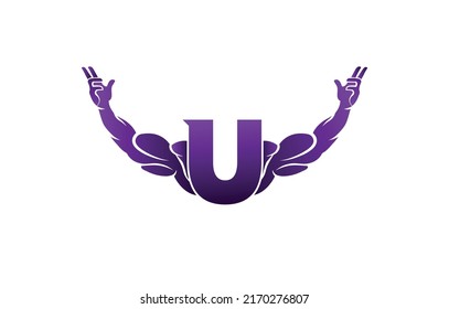 Letter U Logo With muscular open bicep shape. Fitness Gym logo.