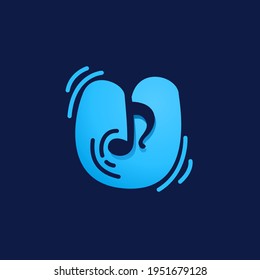 Letter U logo with musical note. Vector negative space style icon for Sound media company, Audio magazine, Song and Dance  poster.