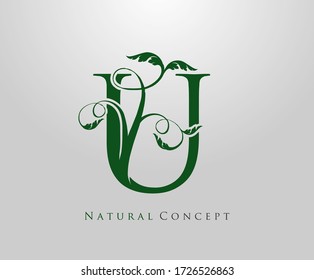 Logo de la letra U Concepto de naturaleza, símbolo de árbol verde y hoja, iniciales U icono diseño natural vector de material.
