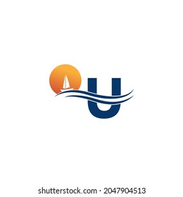 Letter U logo with ocean landscape icon template vector