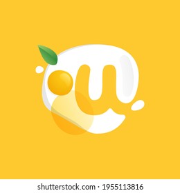 Letter U logo on a Fried Egg with green leaf and splashes. Negative space vector icon for farm company, ecology cafe, tasty poster, fast food restaurant.