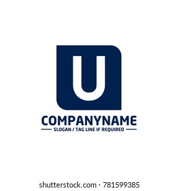 letter U logo on a rectangular blue background. Initial letter uppercase Square shape negative design logo. White and Blue