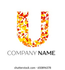 Letter U logo with orange, yellow, red particles and bubbles dots on white background. Vector template for your design
