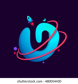 Letter U logo with planet, rocket and orbits lines. Bright vector design for science, biology, physics, chemistry company.