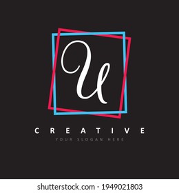 Logo de la letra U con diseño de marco rojo y azul