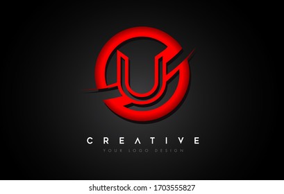 Logo de la letra U con un diseño de Swoosh del Círculo Rojo. Ilustración de vectores de diseño de letras mayúsculas creativas.