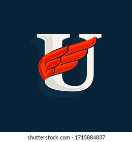 Letter U logo with red wing. Classic serif font with shadow made of lines. Vector icon perfect for sport labels, shipping posters, power identity, etc.