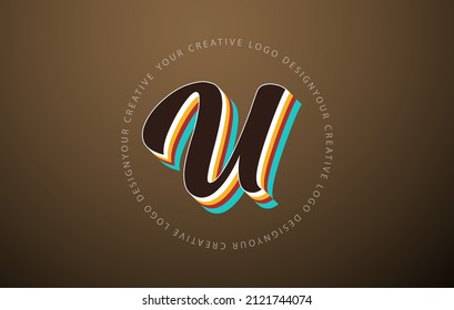 Logo de la letra U con diseño de arte pop retro. Letra manuscrita con tipo vintage y marco de texto redondeado. Tipo Retro. Ilustración de fuentes vectoriales.