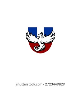 Logotipo de la letra U en forma de ave fénix en ascenso. Símbolo de Vector audaz para renacer, fortaleza, seguro y marca de empresa de inversión