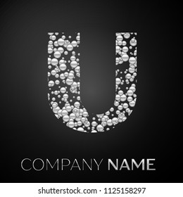 Letter U logo silver dots. Alphabet logotype with abstract silver bubbles shape on black background. Vector template for your design