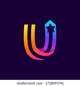 Logo de la letra U con estrella dentro. Icono de líneas paralelas del vector. Fuente perfecta para etiquetas multicolor, espacio impreso, afiches de vida nocturna, etc.