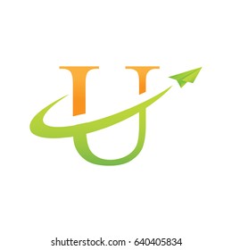 Letter U logo swash with paper airplane