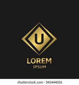 Letter U logo template with golden frame. Vector illustration