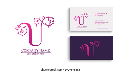 Plantilla del logotipo de la letra U. Monnograma, delicado diseño floral. Logo personal. Diseño de vectores.