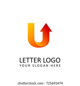 letter U logo template orange round ribbon with arrow head