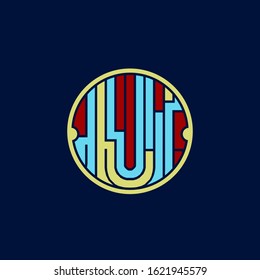 Letter U logo.Geometric labyrinth style typographic icon.Lettering sign.Circular emblem alphabet initial isolated on dark fund.Modern,colorful maze concept.Design, construction,web character shape.