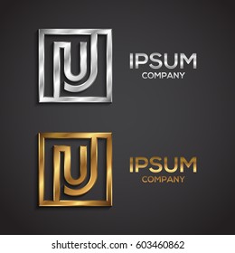 Letter U logo,Square shape, Gold and Silver, metallic texture, 3d Glossy